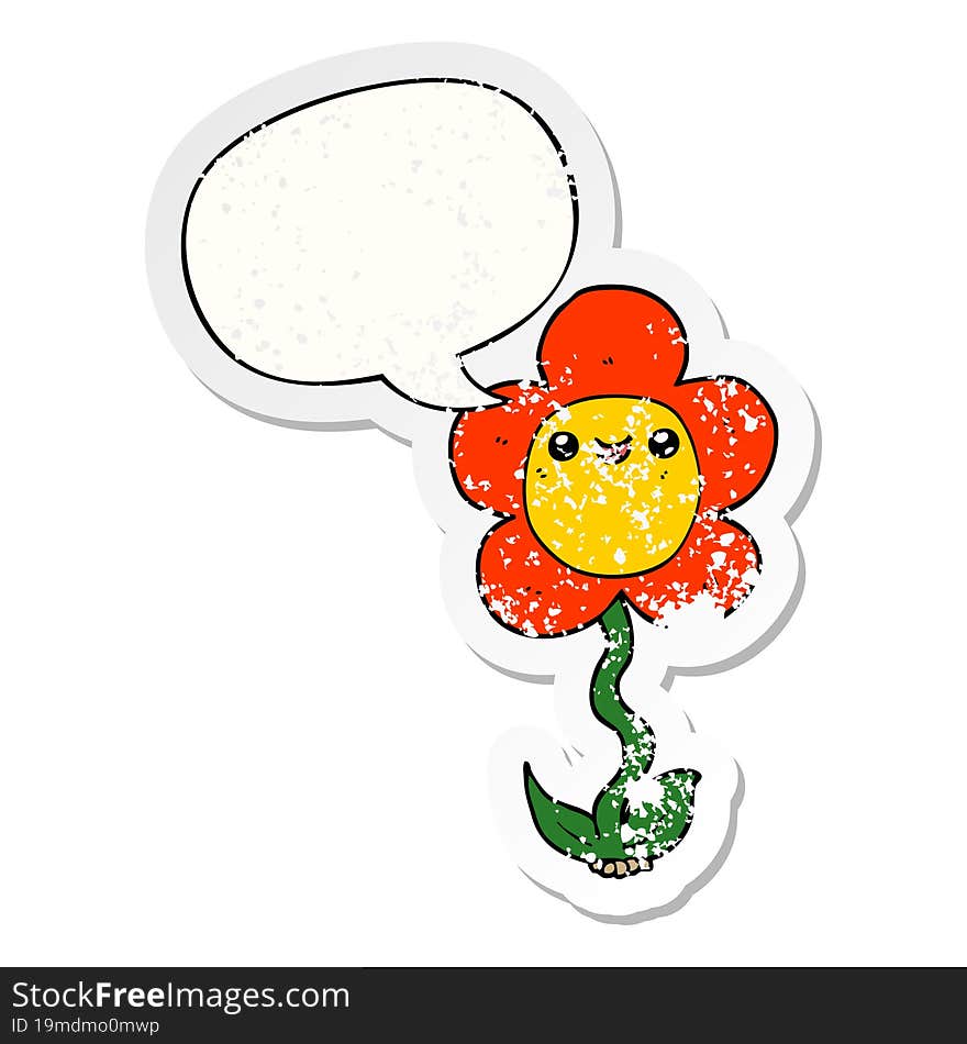 cartoon flower with speech bubble distressed distressed old sticker. cartoon flower with speech bubble distressed distressed old sticker