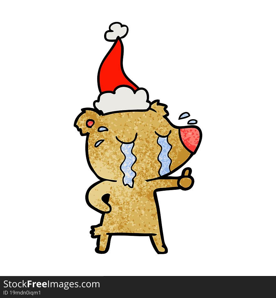 textured cartoon of a crying bear wearing santa hat