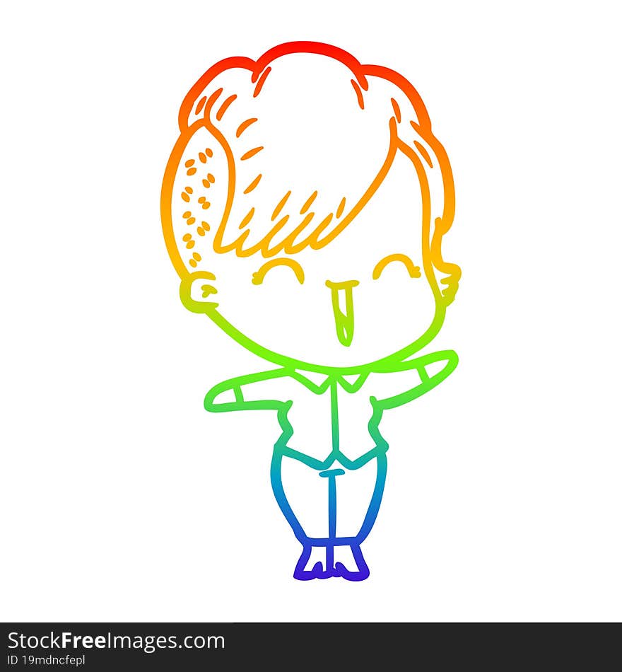 Rainbow Gradient Line Drawing Cartoon Happy Hipster Girl