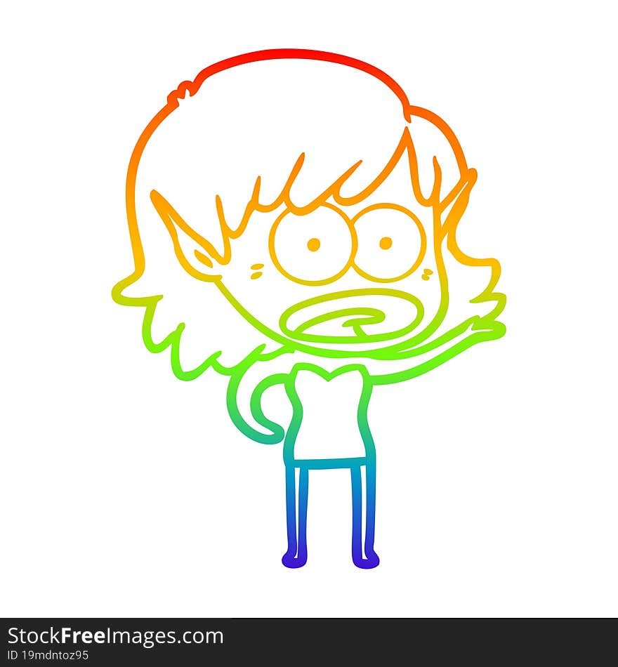 Rainbow Gradient Line Drawing Cartoon Shocked Elf Girl