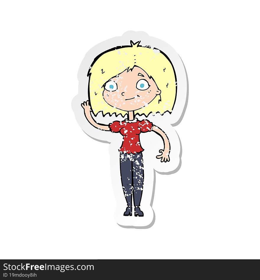 retro distressed sticker of a cartoon woman waving