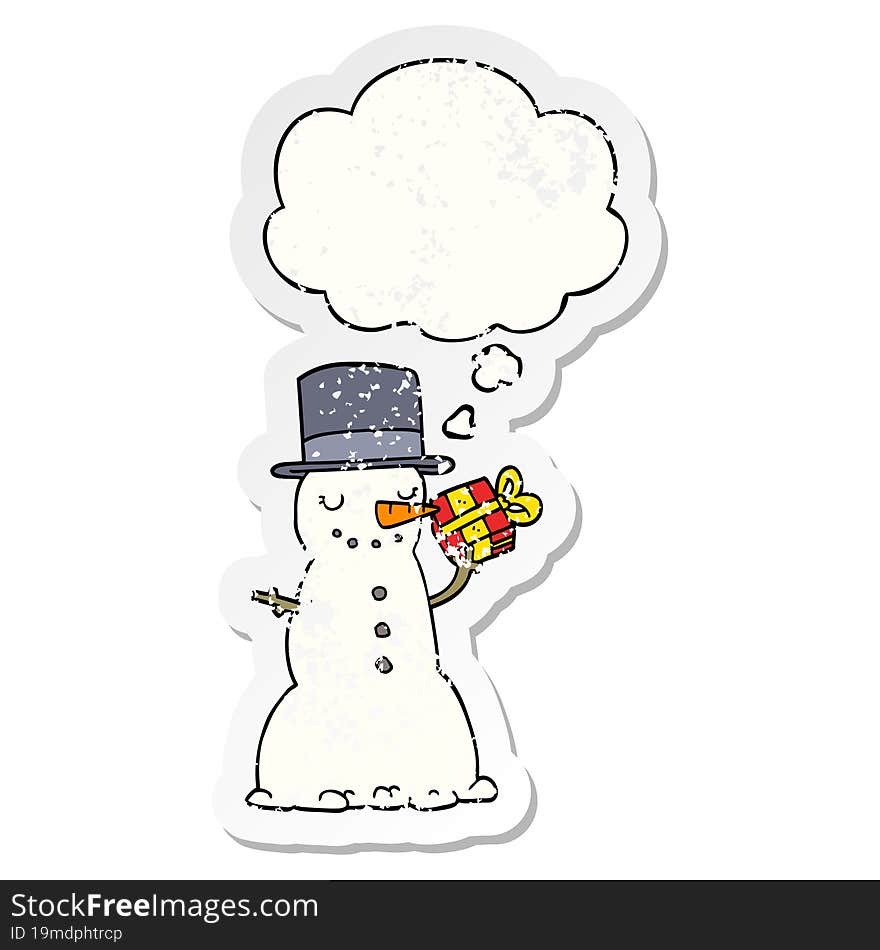 Cartoon Christmas Snowman And Thought Bubble As A Distressed Worn Sticker