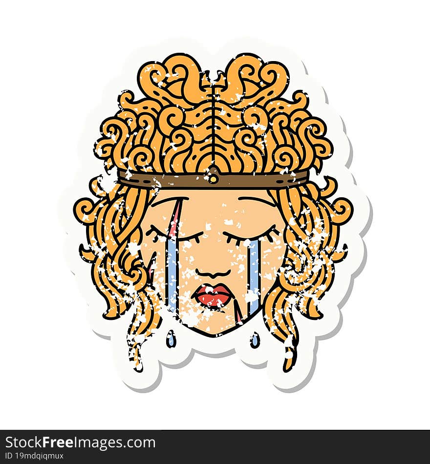 grunge sticker of a crying human barbarian. grunge sticker of a crying human barbarian