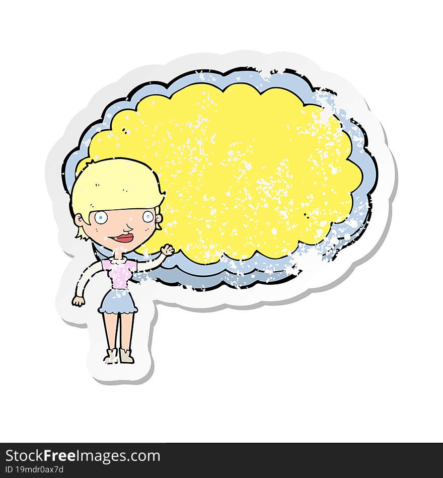 retro distressed sticker of a cartoon woman with space text cloud