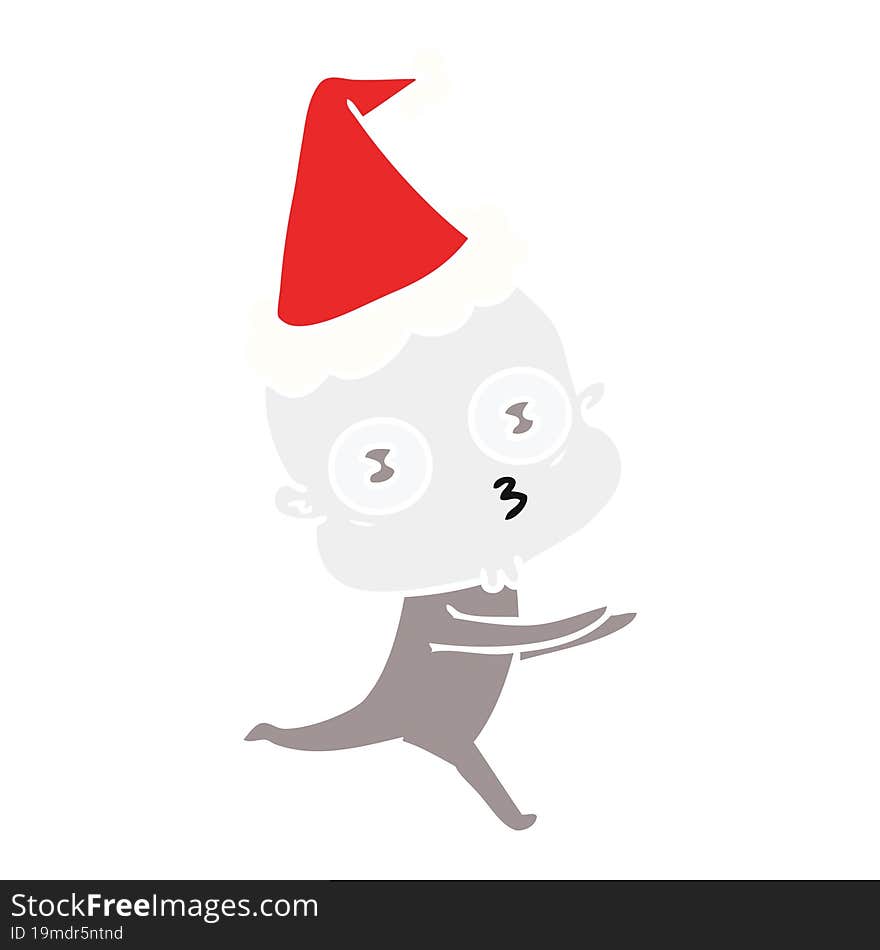 flat color illustration of a weird bald spaceman running wearing santa hat