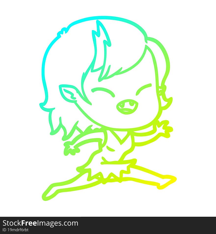 cold gradient line drawing of a cartoon laughing vampire girl running