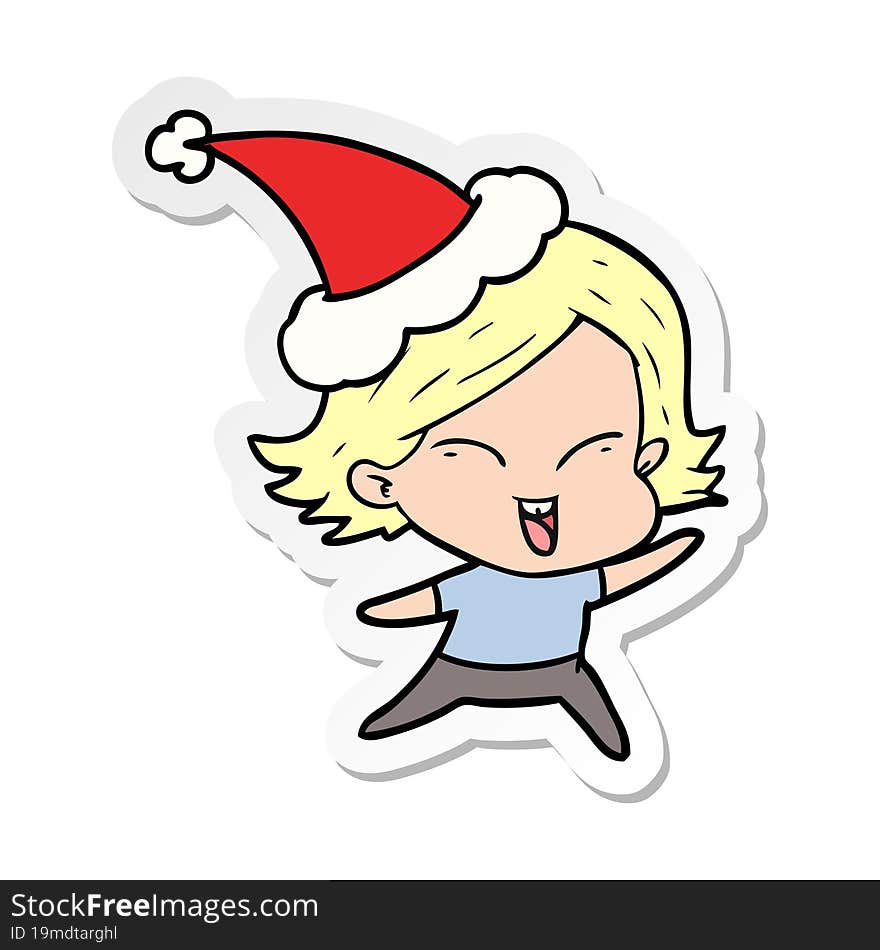 happy sticker cartoon of a girl wearing santa hat