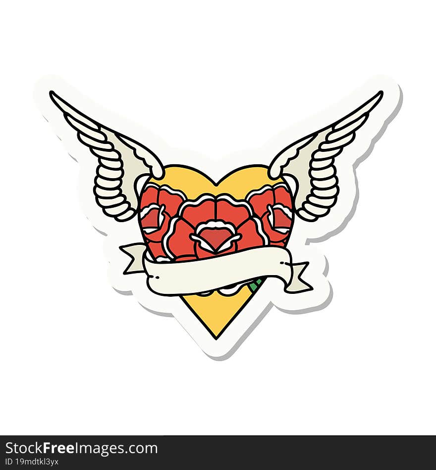 sticker of tattoo in traditional style of heart with wings flowers and banner. sticker of tattoo in traditional style of heart with wings flowers and banner