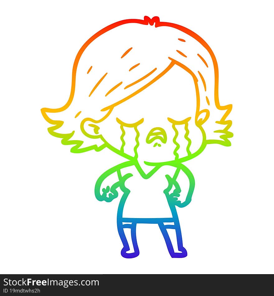 rainbow gradient line drawing of a cartoon girl crying