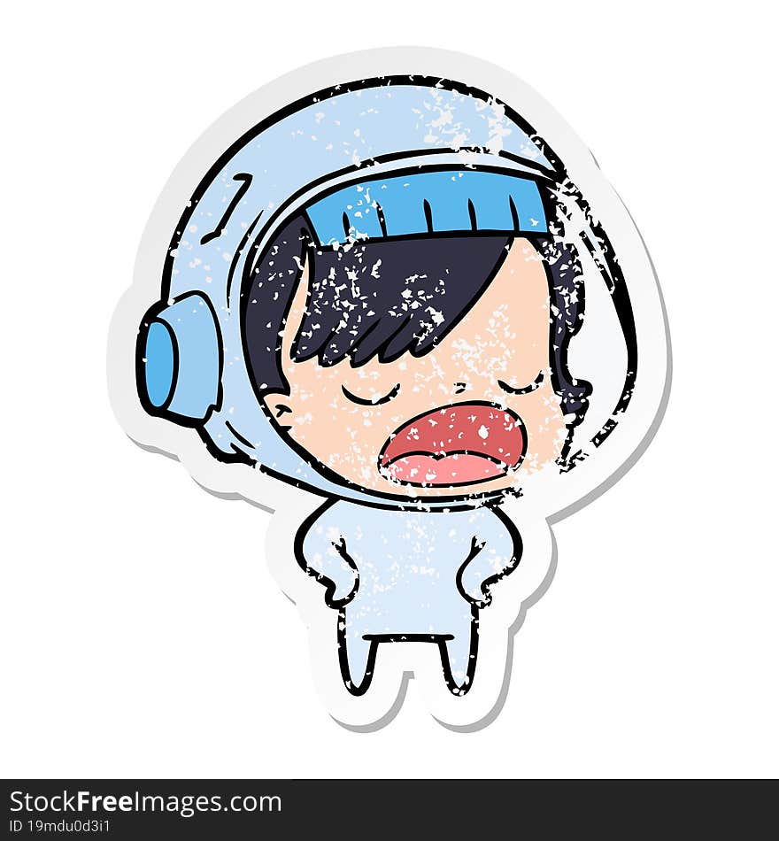 distressed sticker of a cartoon astronaut woman explaining