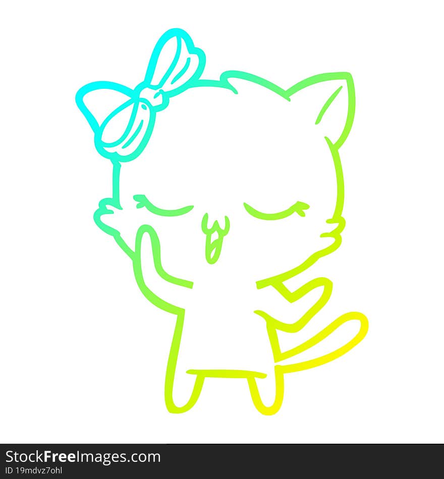 cold gradient line drawing cartoon cat with bow on head