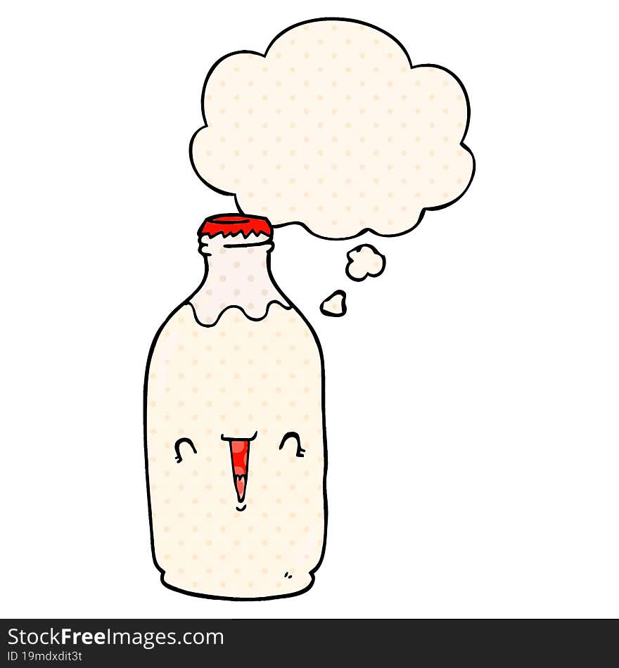 cute cartoon milk bottle and thought bubble in comic book style