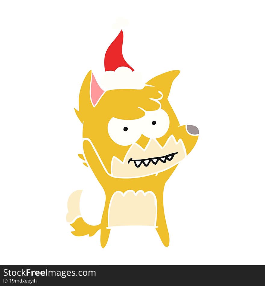 flat color illustration of a grinning fox wearing santa hat