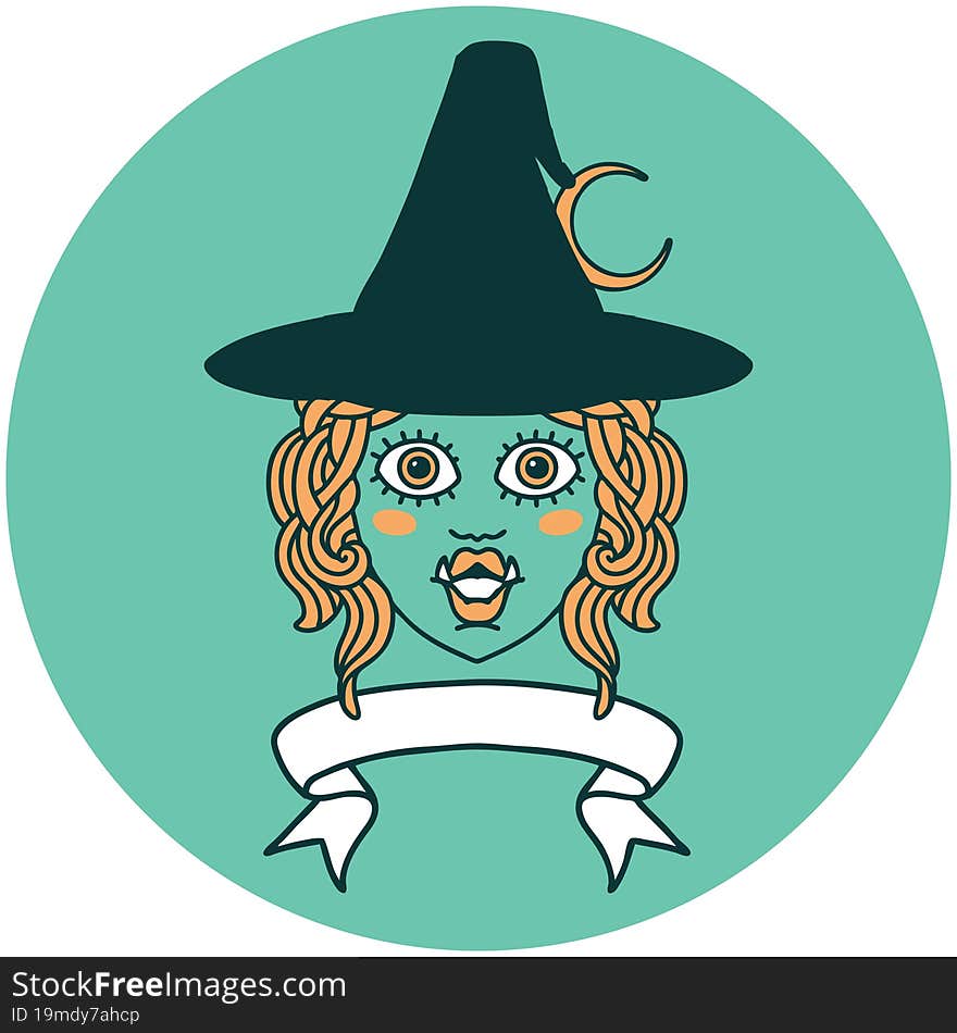 icon of half orc witch character face with banner. icon of half orc witch character face with banner