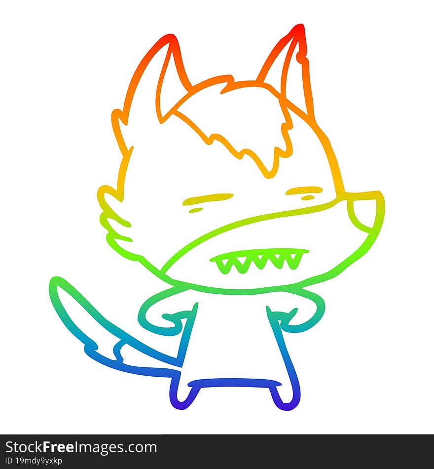 rainbow gradient line drawing cartoon wolf showing teeth