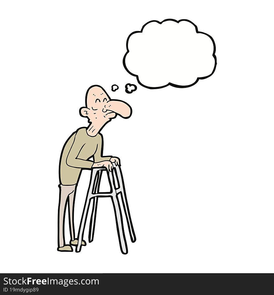 cartoon old man with walking frame with thought bubble