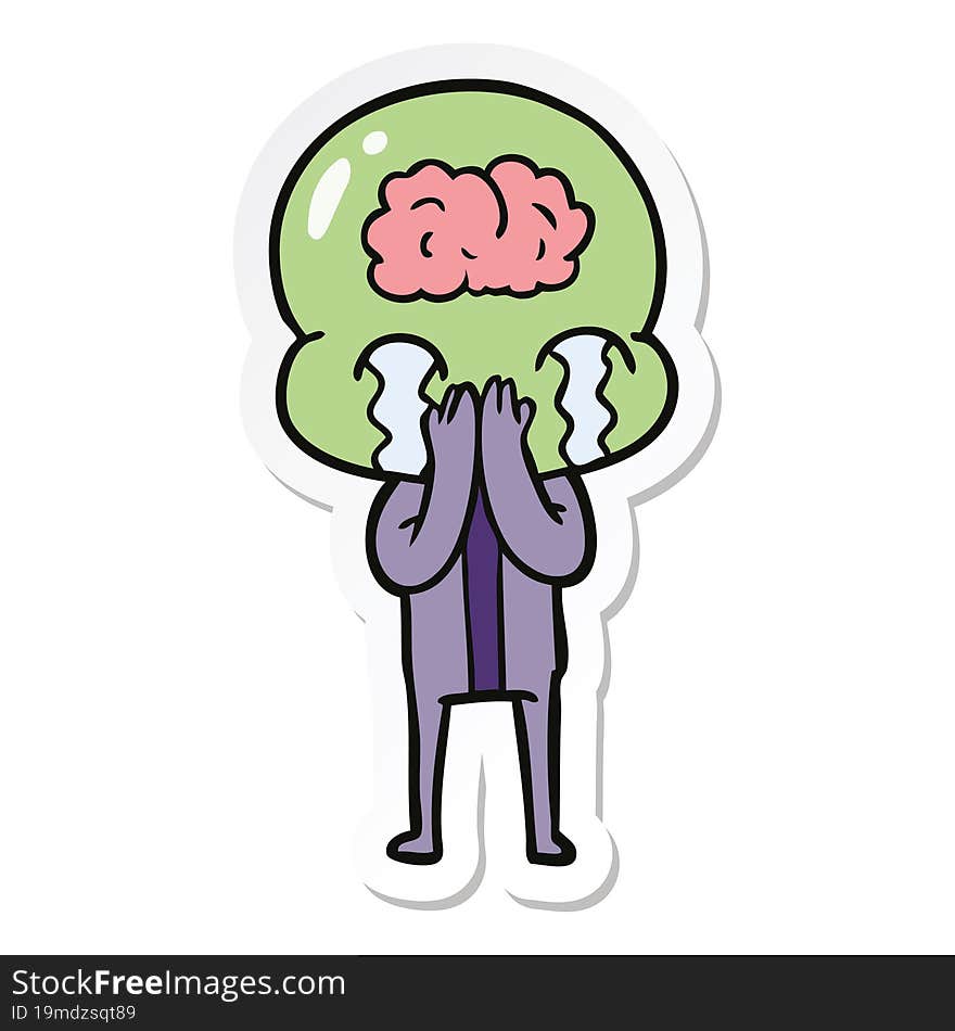 sticker of a cartoon big brain alien crying