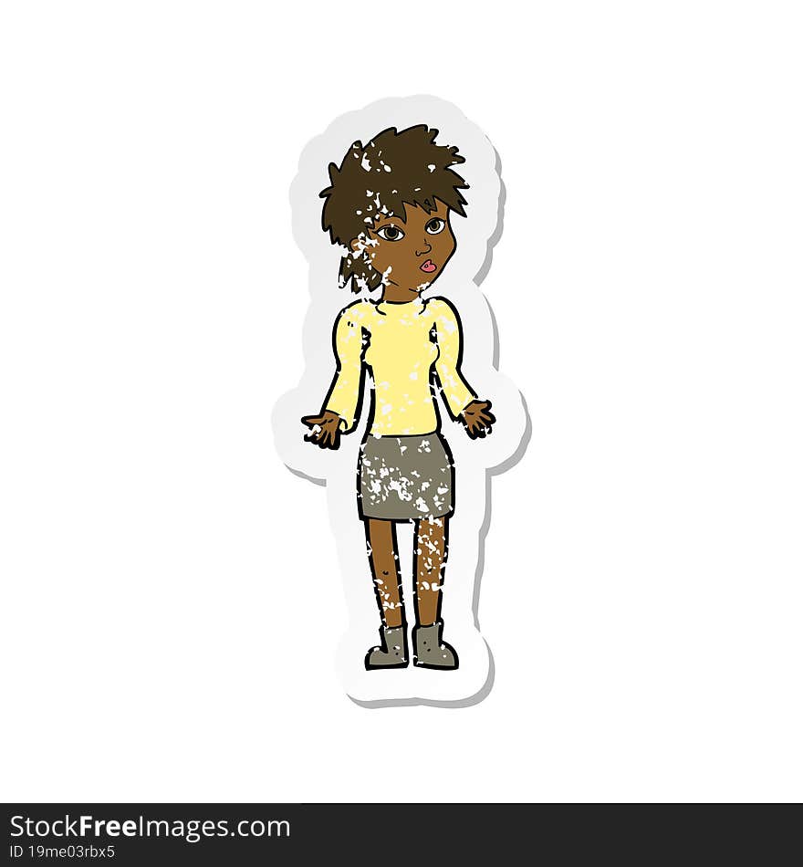 retro distressed sticker of a cartoon woman shrugging shoulders