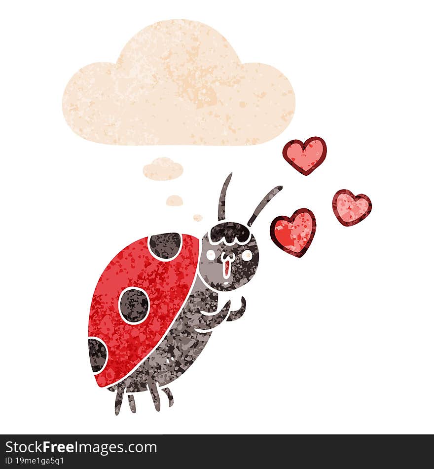 cute cartoon ladybug in love and thought bubble in retro textured style