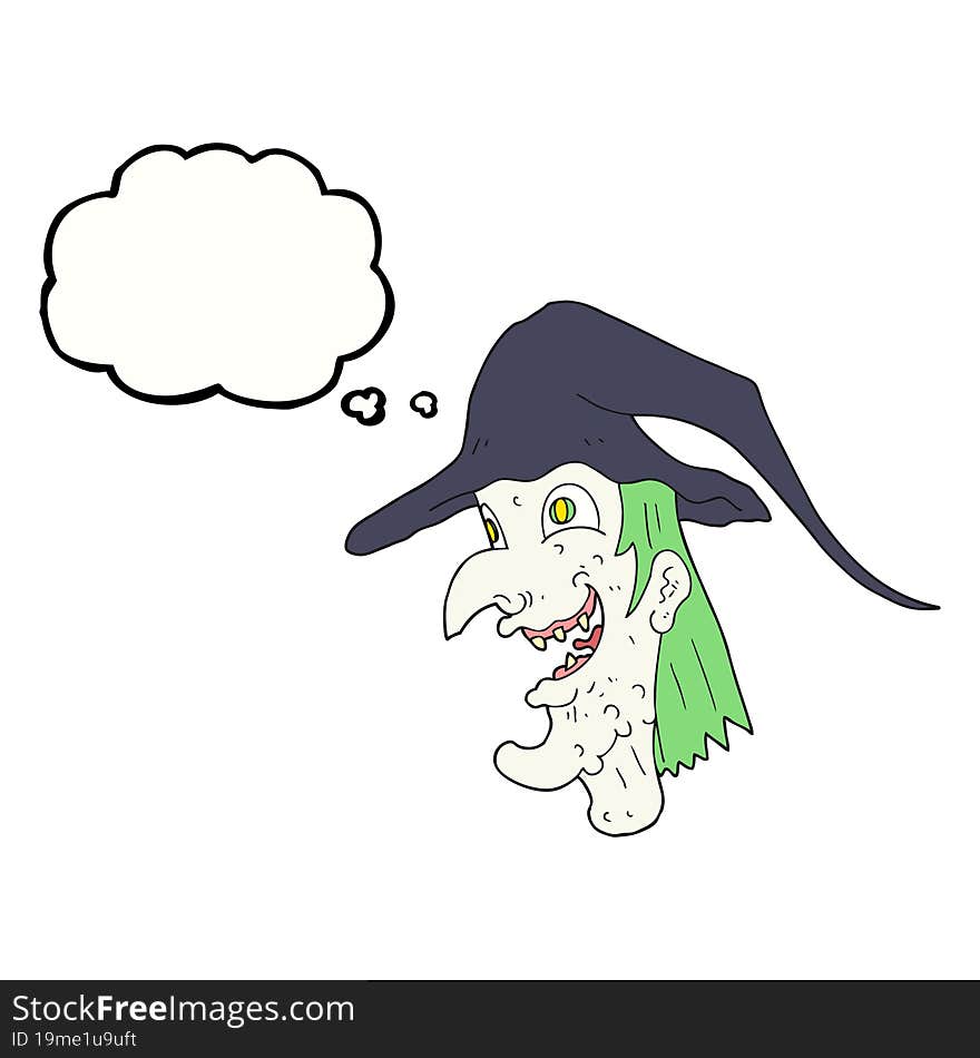 freehand drawn thought bubble cartoon cackling witch