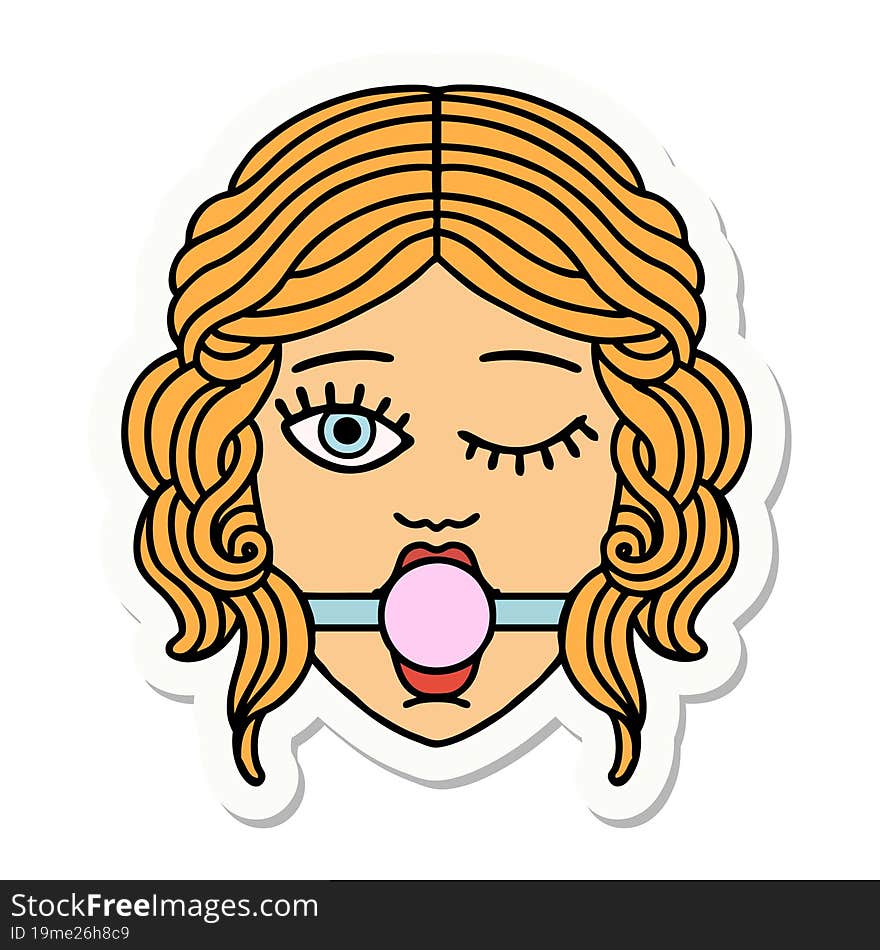 tattoo style sticker of winking female face with ball gag