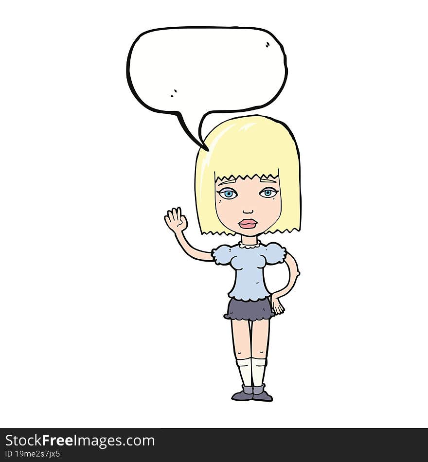 cartoon woman waving with speech bubble