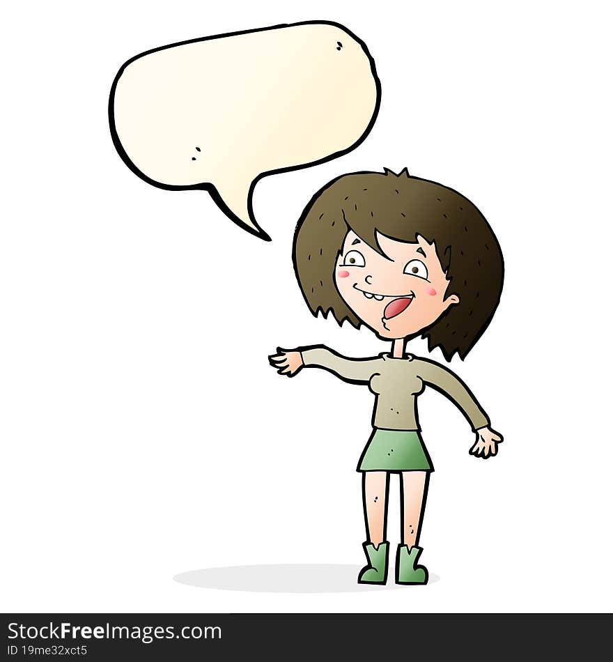 cartoon waving woman with speech bubble