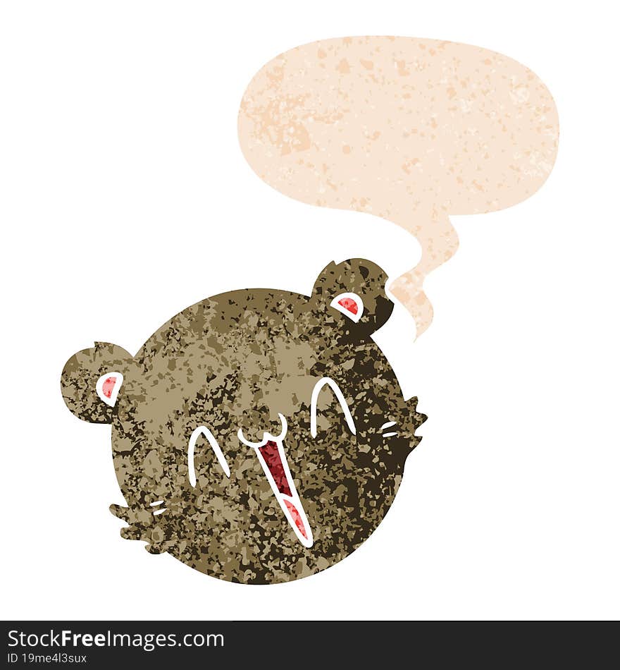 cute cartoon teddy bear face and speech bubble in retro textured style