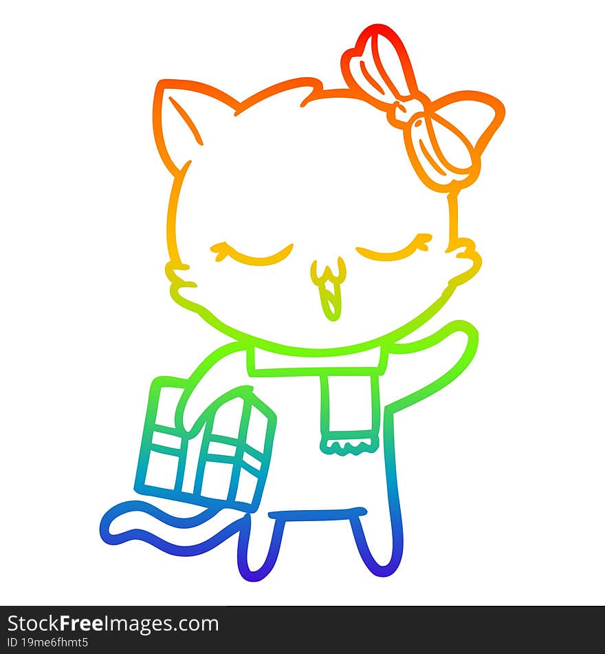 rainbow gradient line drawing of a cartoon girl cat with christmas present