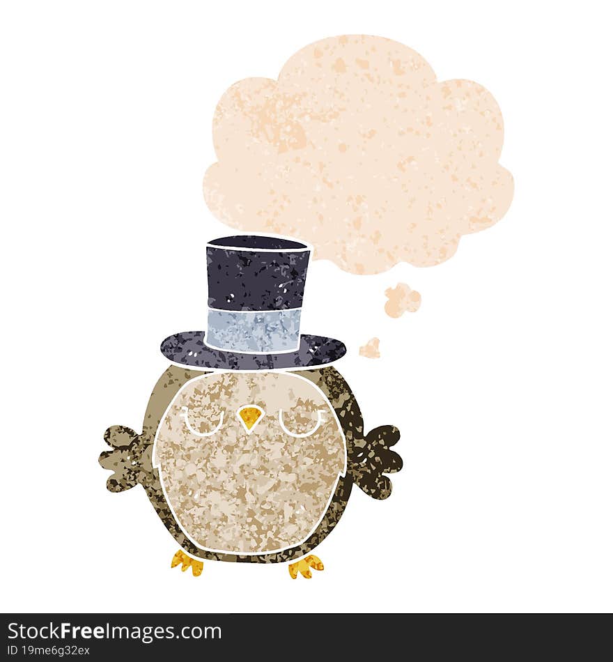 cartoon owl wearing top hat and thought bubble in retro textured style