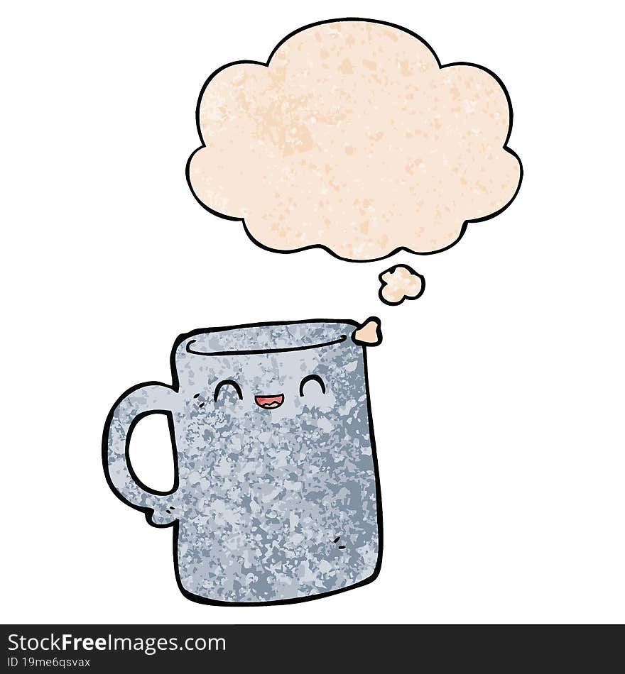 cartoon mug and thought bubble in grunge texture pattern style