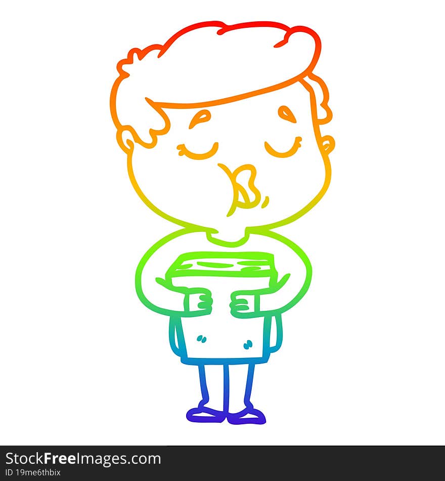 rainbow gradient line drawing cartoon man holding book and singing