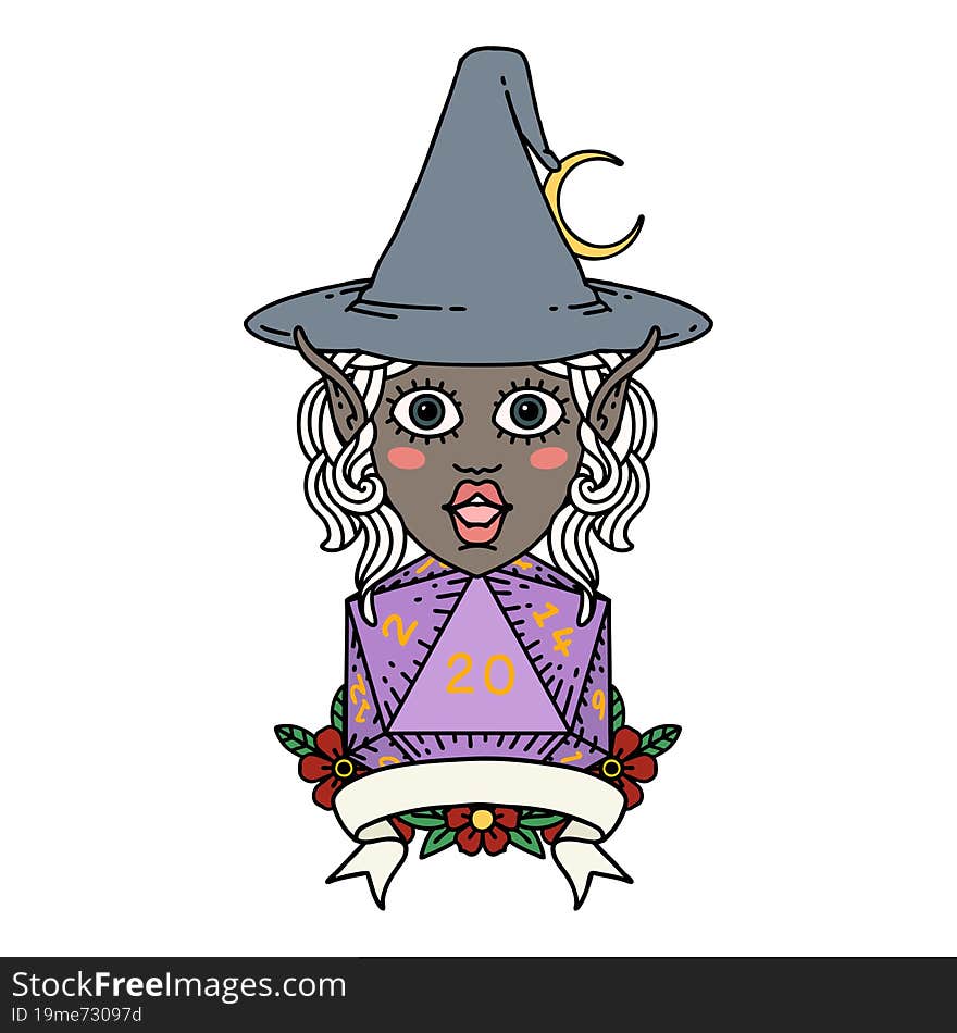 Elf Mage Character With Natural Twenty Dice Roll Illustration