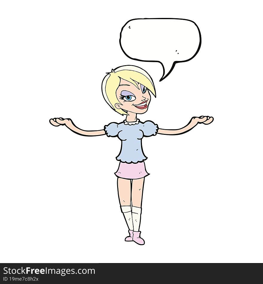 cartoon woman making open arm gesture with speech bubble