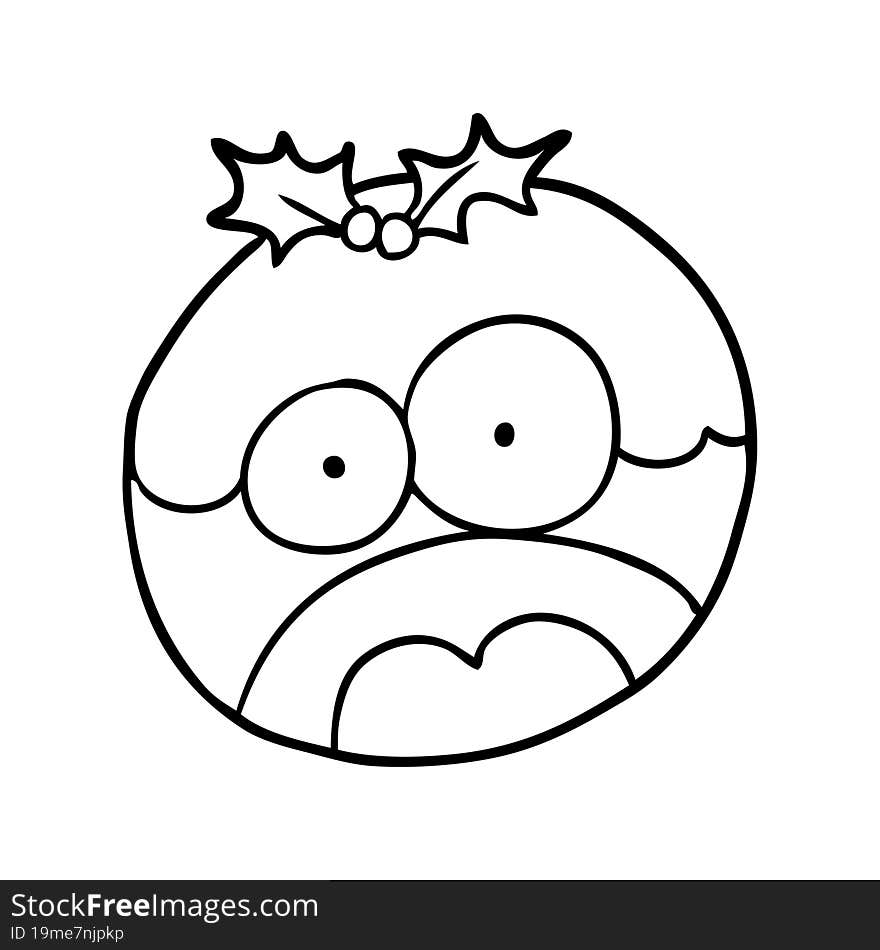 line drawing of a christmas pudding with shocked face. line drawing of a christmas pudding with shocked face