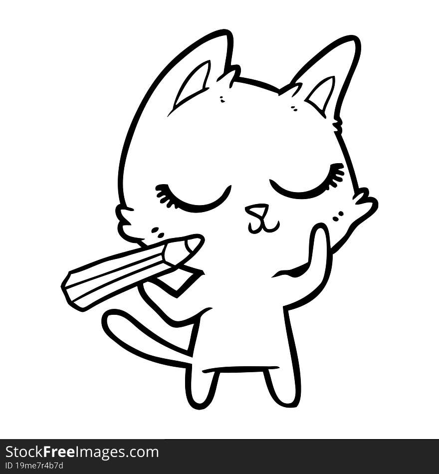 calm cartoon cat with pencil. calm cartoon cat with pencil