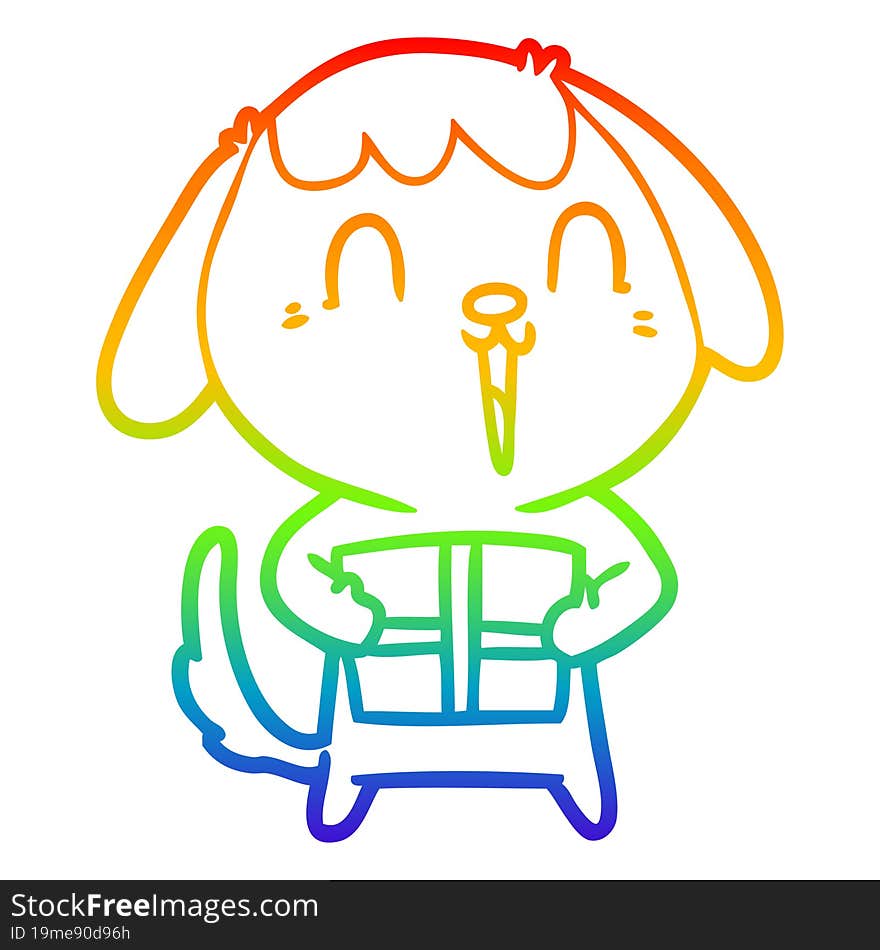 rainbow gradient line drawing cute cartoon dog with christmas present