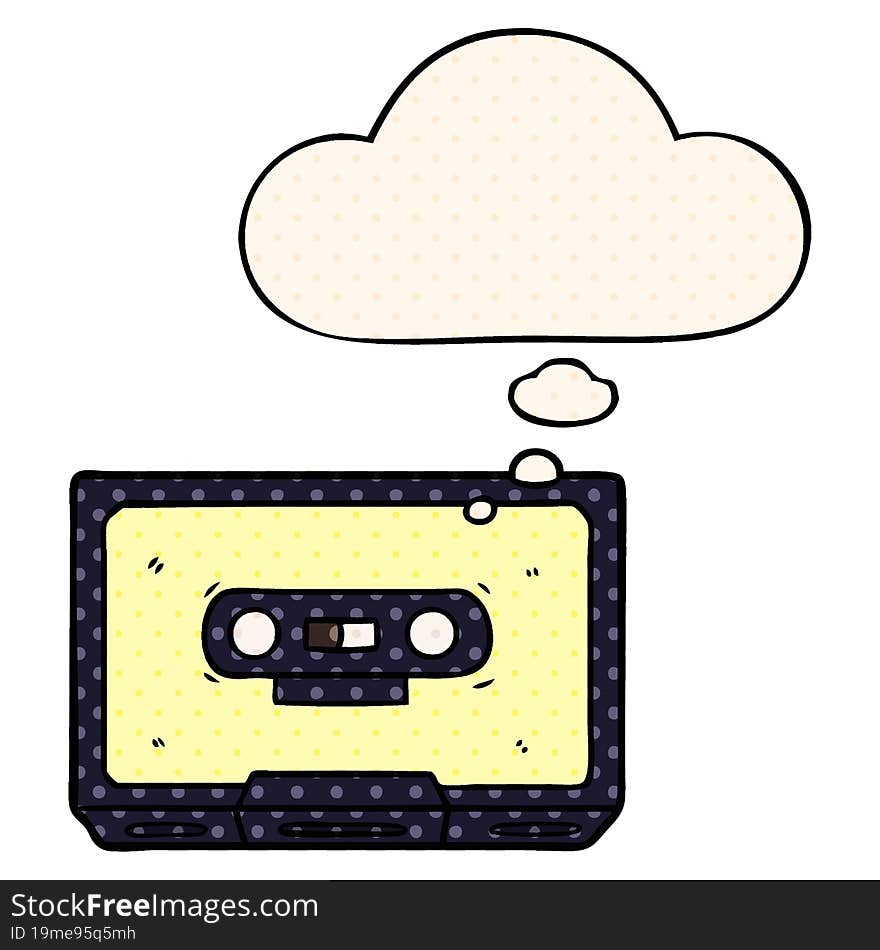 Cartoon Old Cassette Tape And Thought Bubble In Comic Book Style