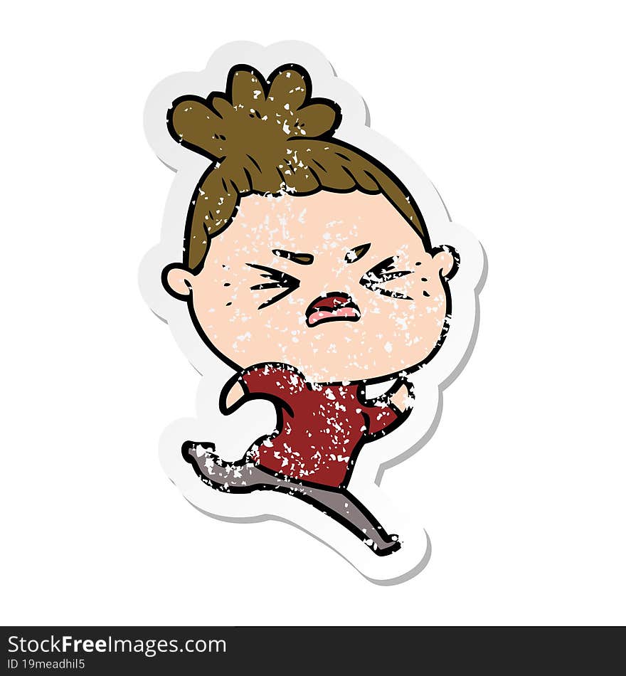 distressed sticker of a cartoon angry woman