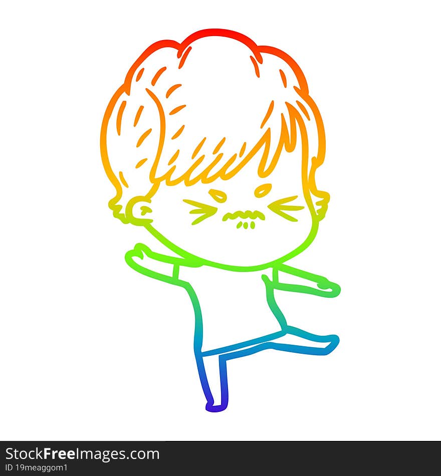 rainbow gradient line drawing cartoon frustrated woman