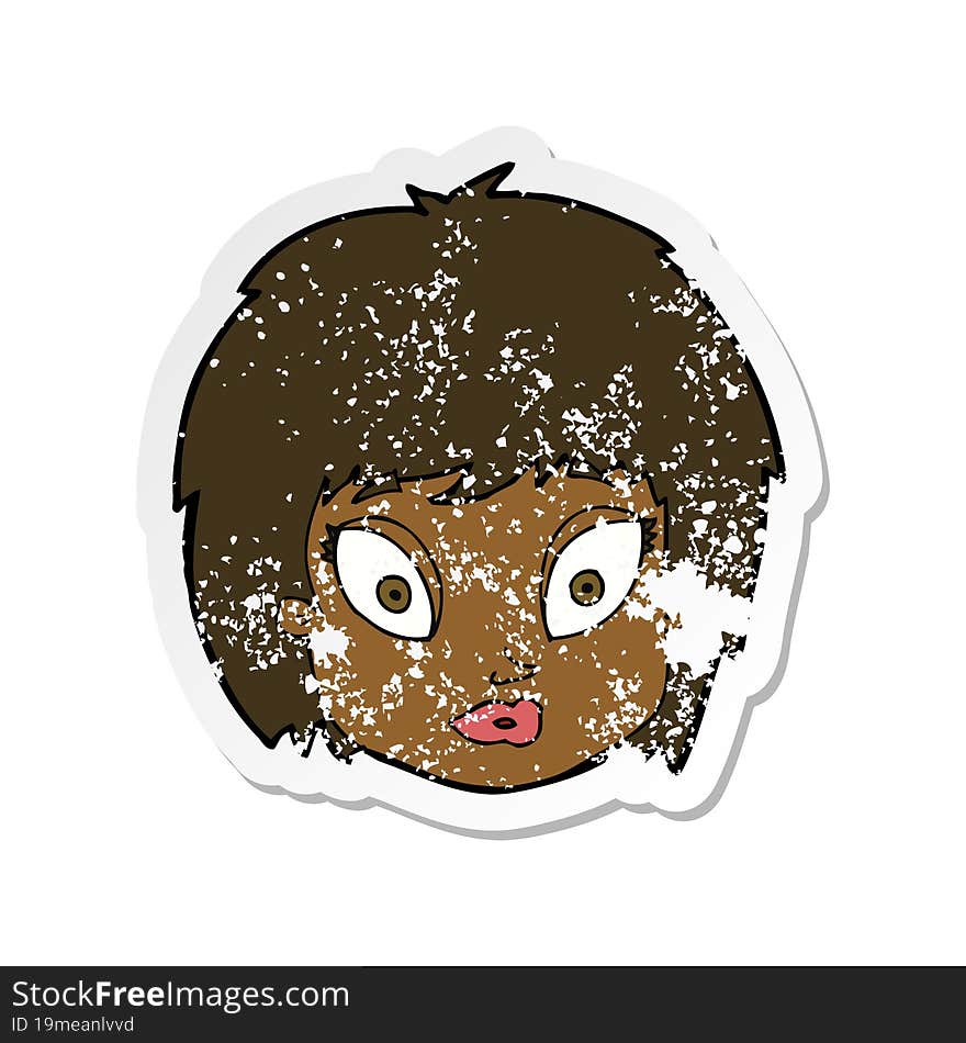 retro distressed sticker of a cartoon surprised female face