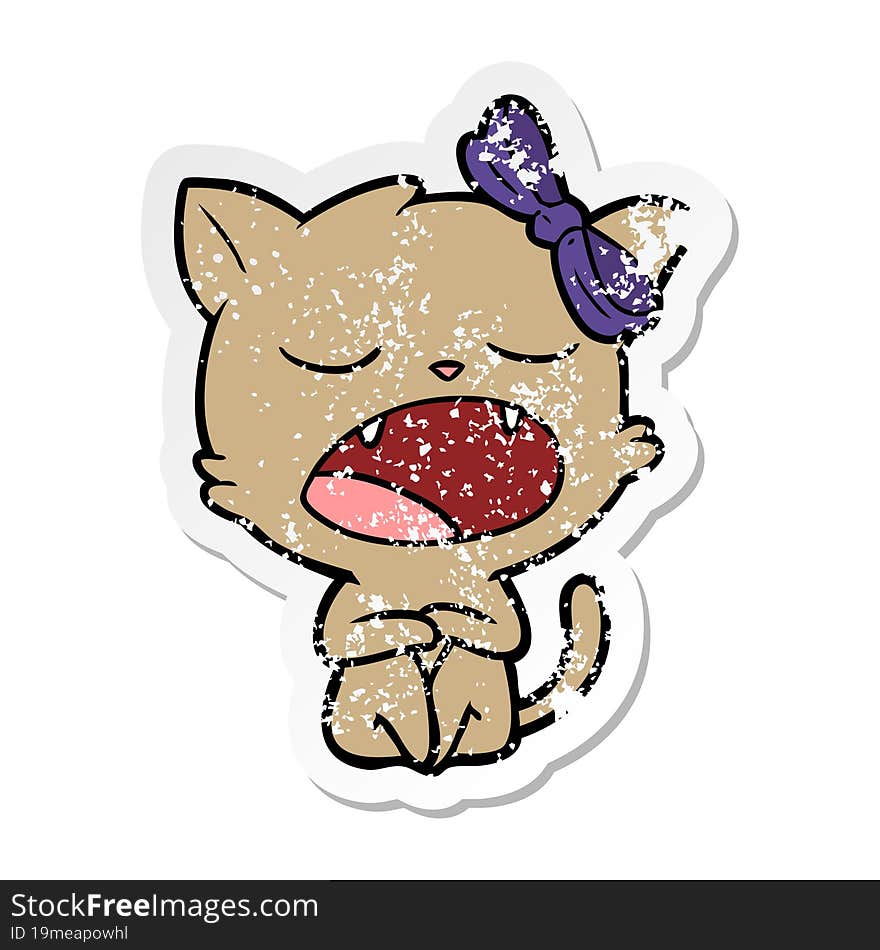 Distressed Sticker Of A Cartoon Yawning Cat