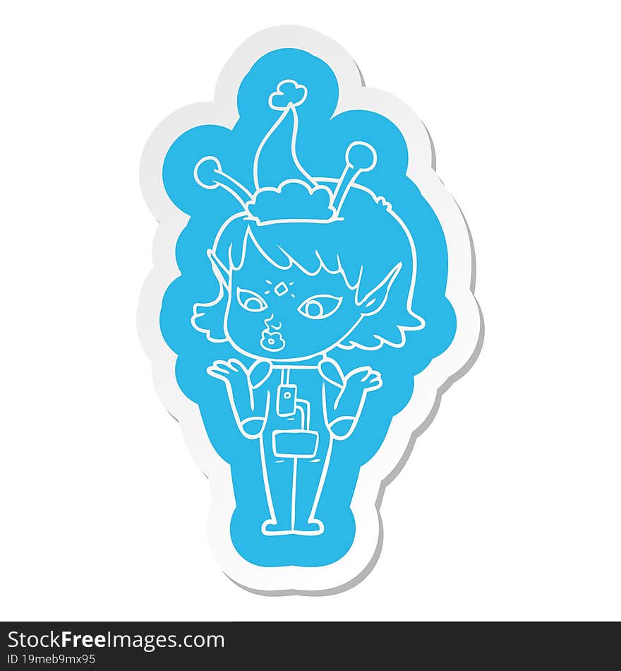 pretty cartoon  sticker of a alien girl wearing santa hat