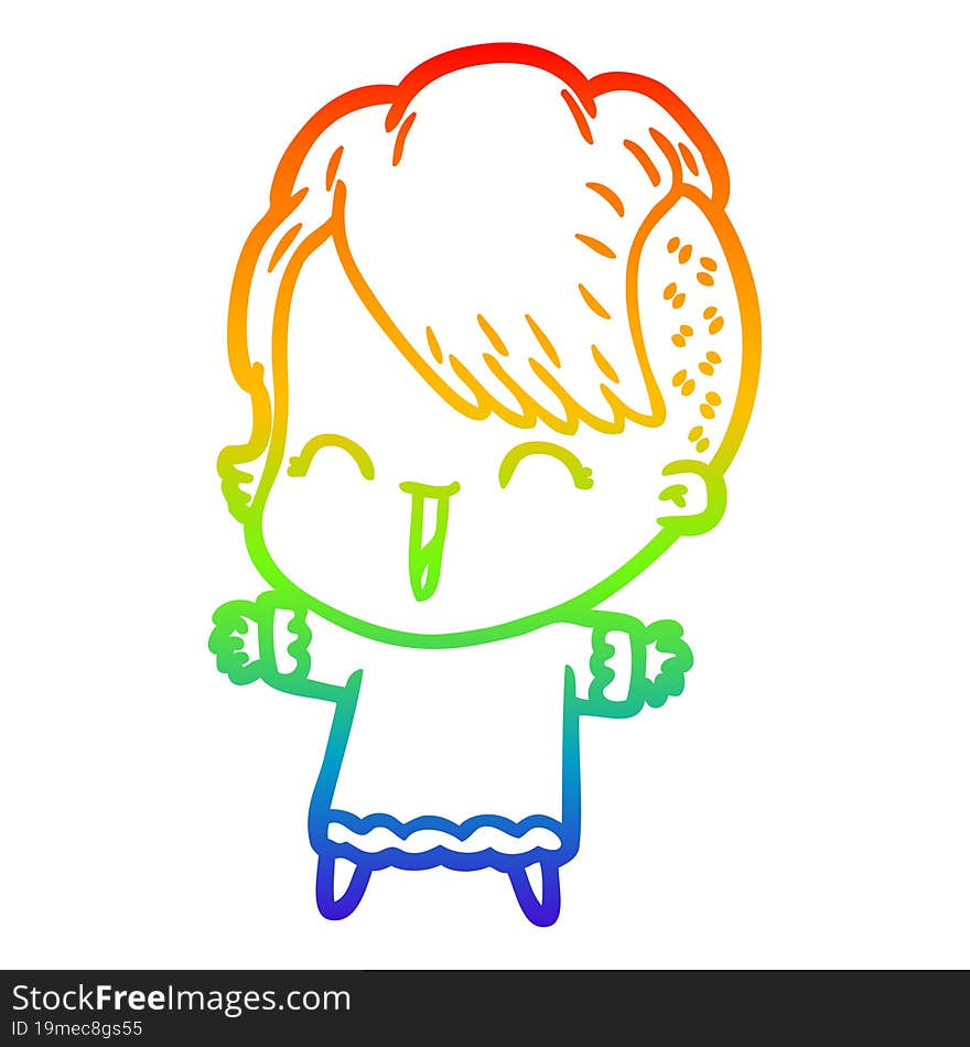 Rainbow Gradient Line Drawing Cartoon Happy Hipster Girl