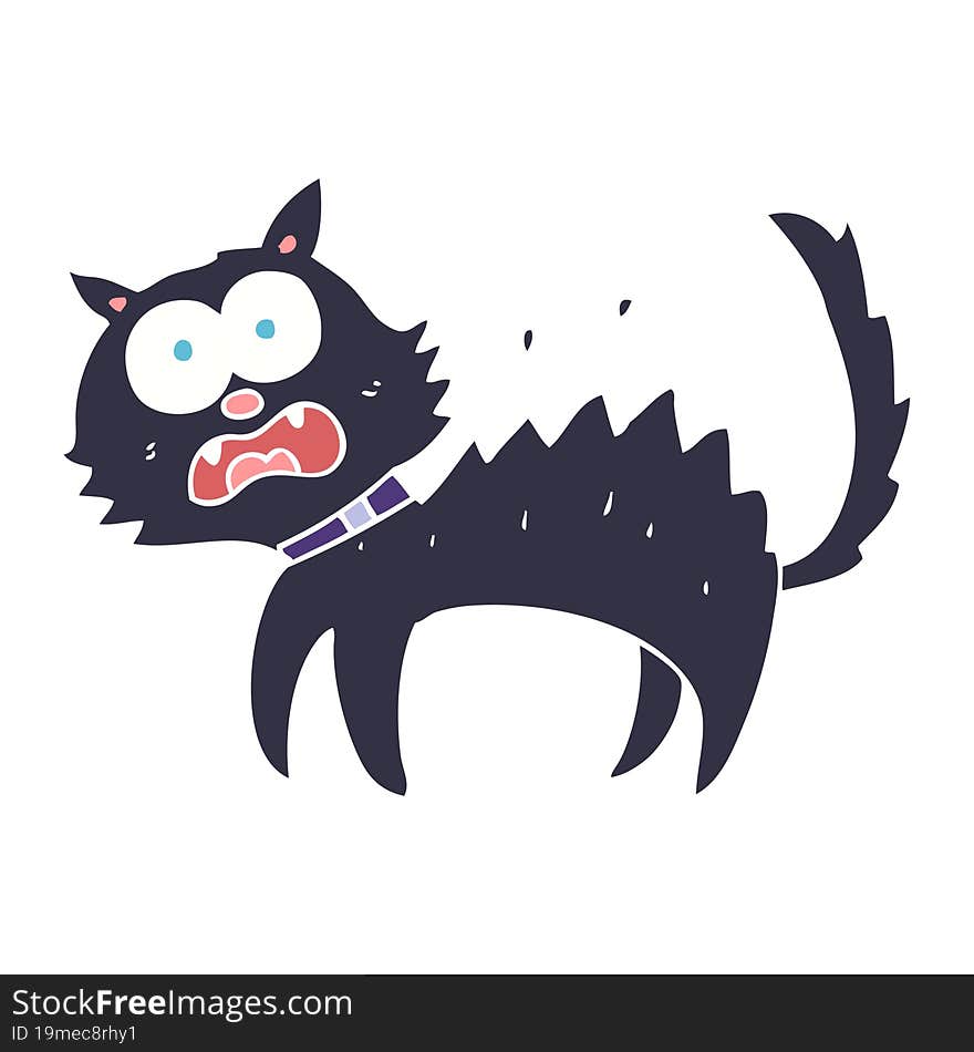 flat color illustration of a cartoon scared black cat