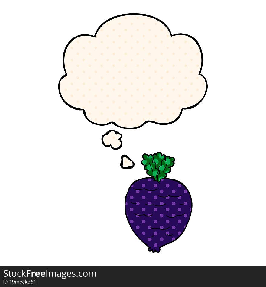 cartoon root vegetable with thought bubble in comic book style