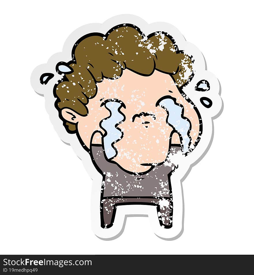 distressed sticker of a cartoon man crying