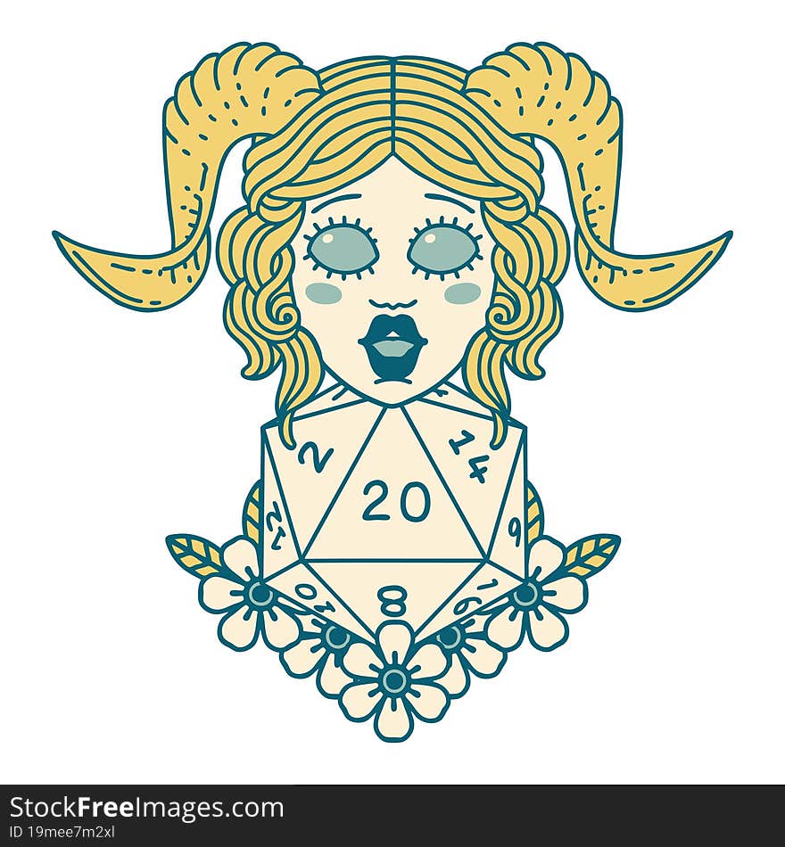 Retro Tattoo Style tiefling with natural twenty dice roll. Retro Tattoo Style tiefling with natural twenty dice roll