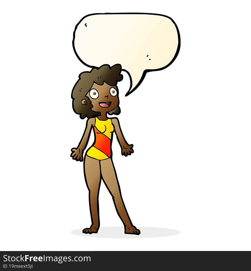 cartoon woman in swimming costume with speech bubble