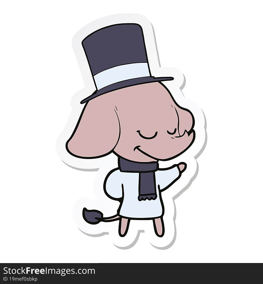 sticker of a cartoon smiling elephant wearing top hat